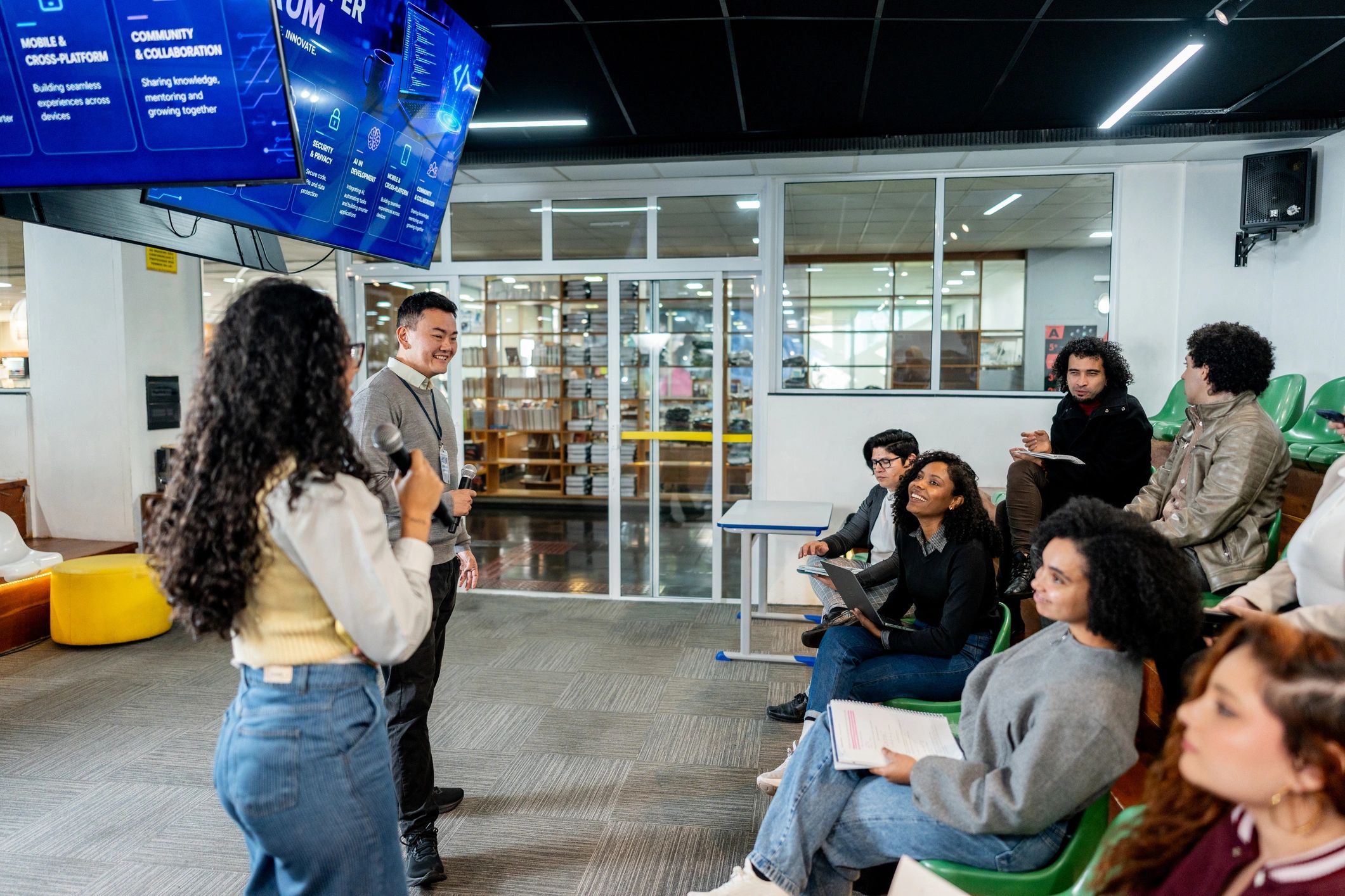 Business strategy workshop with presenter leading a team meeting